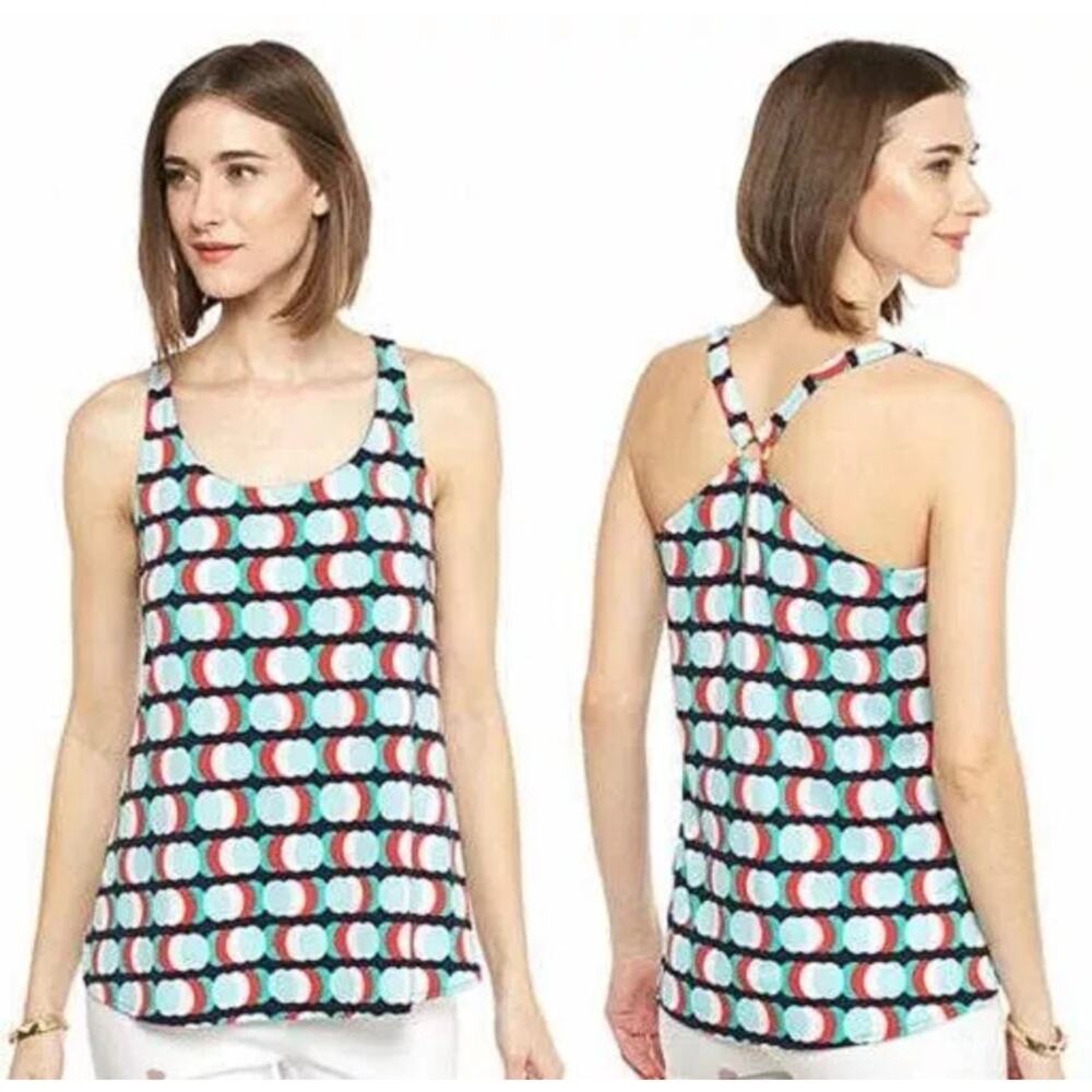 Kaari Blue Womens Top Sz XS Floral Dots Jersey Stretch Knit O-Ring‎ Tank NEW